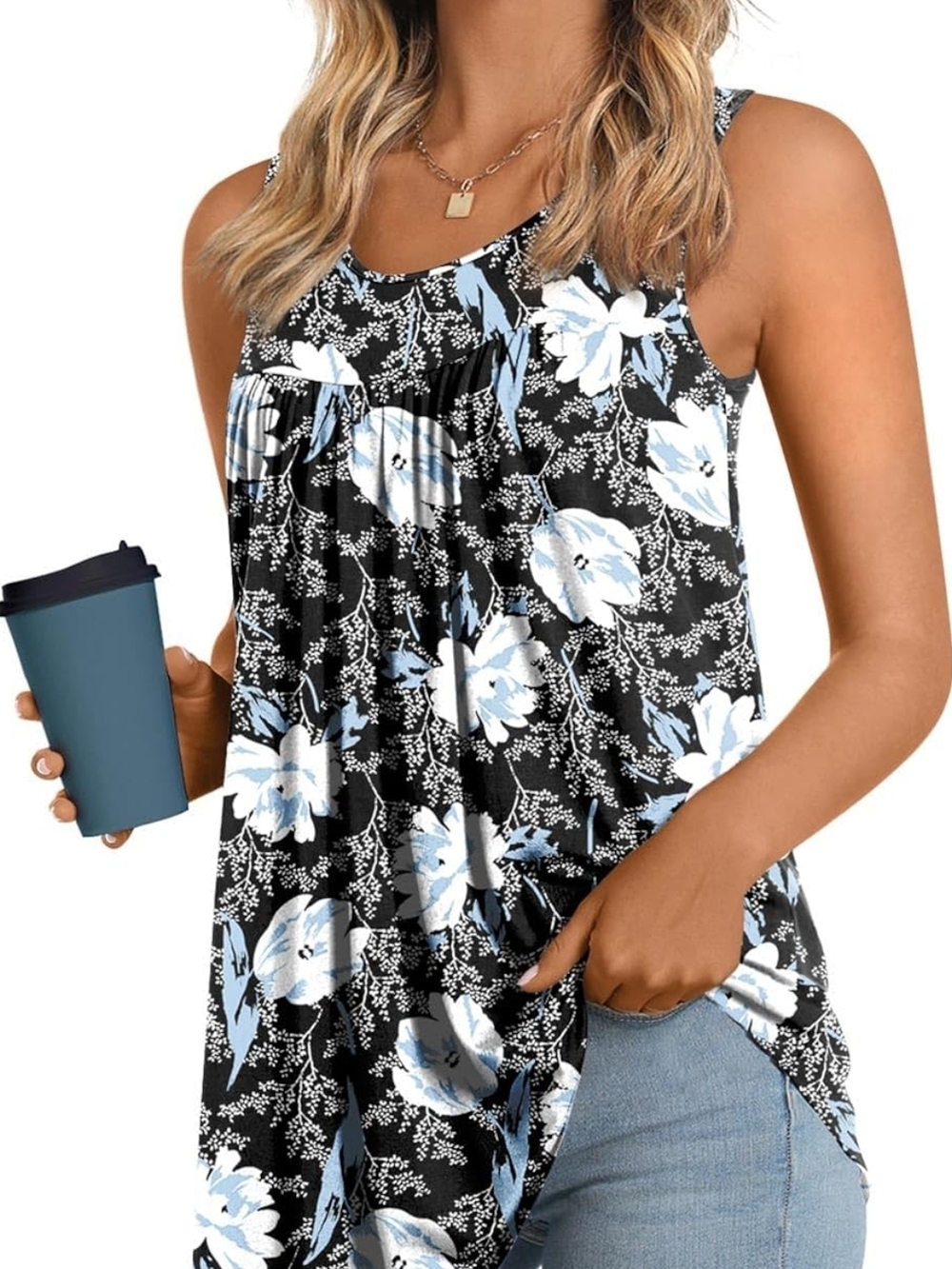 Floral Scoop Neck Tank Top - Black & Light Blue AVAIL IN PLUS SIZES